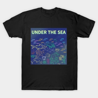 under the sea,blue sea,sea creatures,Turtle, puffer fish, starfish, shrimp, shark, tropical fish, sea horse, seaweed, sardines, squid, crabs, clams T-Shirt